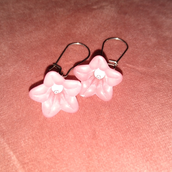 Pink Flower Blossom Dangle Charm Earrings Flowers Floral Stainless Steel Wires - Picture 6 of 7